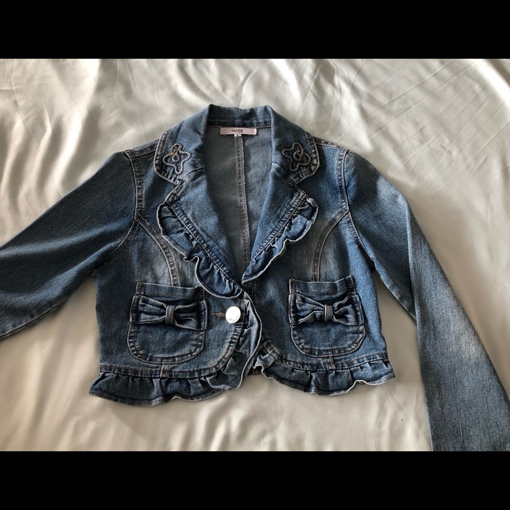 Cropped ruffle bow denim jean jacket